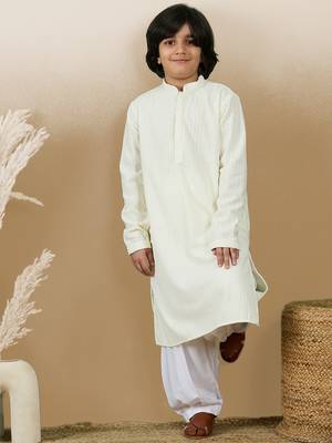 Dapper & dazzling boys solid off white chikankari party wear cotton kurta by sanwara 4