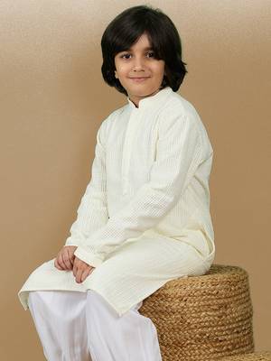 Dapper & dazzling boys solid off white chikankari party wear cotton kurta by sanwara 5