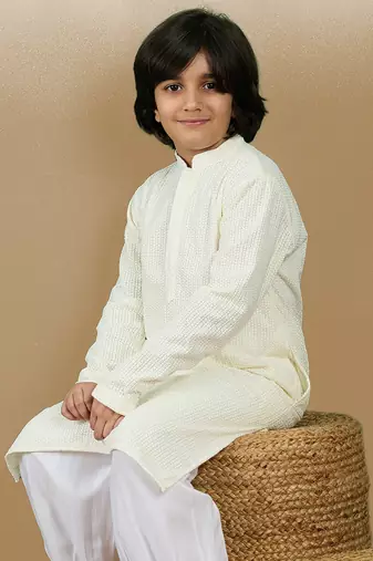 Dapper & dazzling boys solid off white chikankari party wear cotton kurta by sanwara
