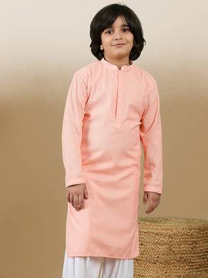 Dapper & dazzling boys solid pink chikankari party wear cotton kurta by sanwara 1
