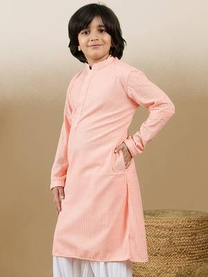 Dapper & dazzling boys solid pink chikankari party wear cotton kurta by sanwara 2