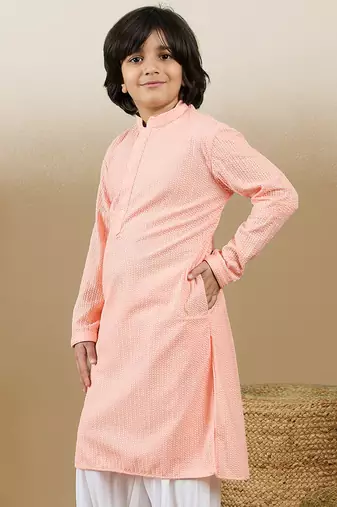 Dapper & dazzling boys solid pink chikankari party wear cotton kurta by sanwara