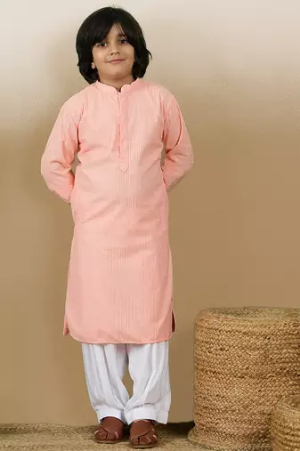 Dapper & dazzling boys solid pink chikankari party wear cotton kurta by sanwara
