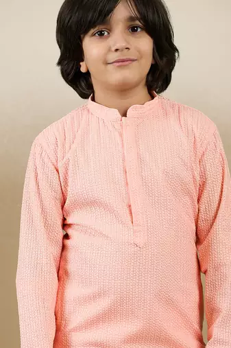 Dapper & dazzling boys solid pink chikankari party wear cotton kurta by sanwara