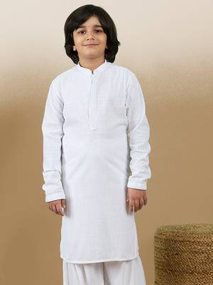 Dapper & dazzling boys solid white chikankari party wear cotton kurta by sanwara 1