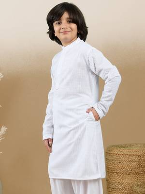 Dapper & dazzling boys solid white chikankari party wear cotton kurta by sanwara 2