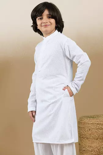 Dapper & dazzling boys solid white chikankari party wear cotton kurta by sanwara