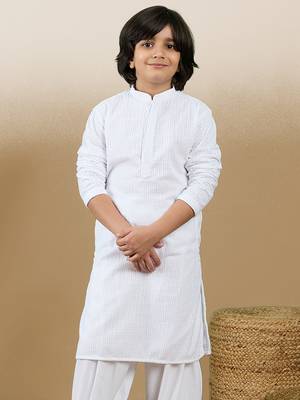 Dapper & dazzling boys solid white chikankari party wear cotton kurta by sanwara 3