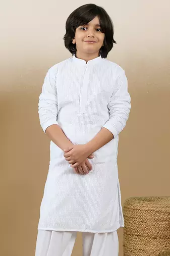 Dapper & dazzling boys solid white chikankari party wear cotton kurta by sanwara