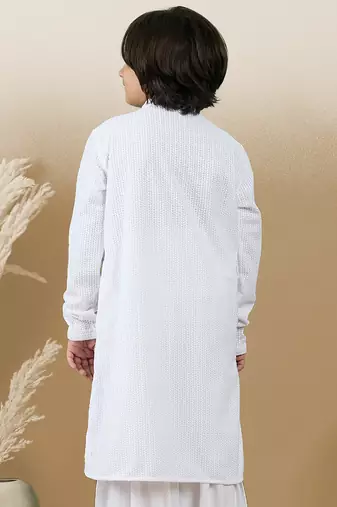Dapper & dazzling boys solid white chikankari party wear cotton kurta by sanwara