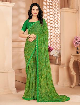 Green digital paisley printed chiffon saree with blouse 1