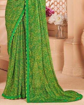 Green digital paisley printed chiffon saree with blouse 3