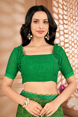 Green digital paisley printed chiffon saree with blouse 4