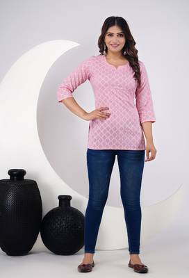 Pink ethnic motif printed work cotton short kurti 1