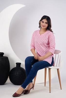 Pink ethnic motif printed work cotton short kurti 3