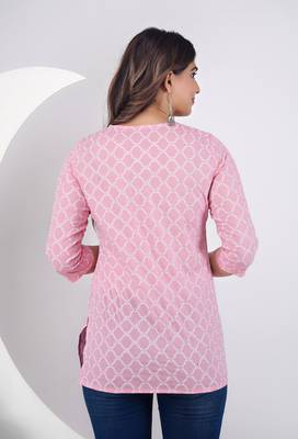 Pink ethnic motif printed work cotton short kurti 4