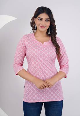 Pink ethnic motif printed work cotton short kurti 5