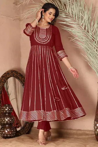 Maroon gotta patti rayon stiched party anarkali kurta set