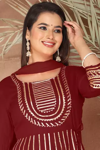 Maroon gotta patti rayon stiched party anarkali kurta set