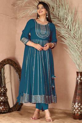 Blue gotta patti rayon stiched party anarkali kurta set 1