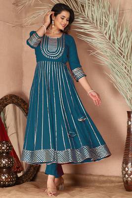 Blue gotta patti rayon stiched party anarkali kurta set 3