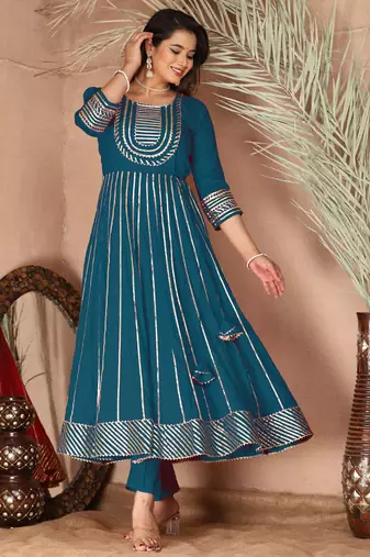 Blue gotta patti rayon stiched party anarkali kurta set