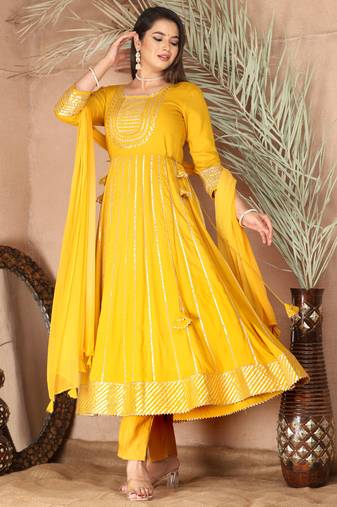 Yellow gotta patti rayon stiched party anarkali kurta set