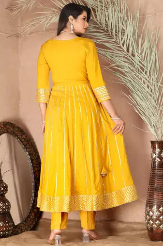 Yellow gotta patti rayon stiched party anarkali kurta set