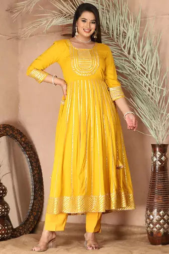 Yellow gotta patti rayon stiched party anarkali kurta set