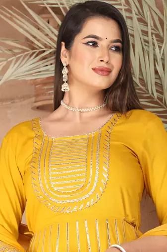 Yellow gotta patti rayon stiched party anarkali kurta set