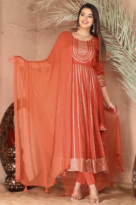 Peach gotta patti rayon stiched party anarkali kurta set 1