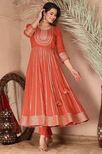 Peach gotta patti rayon stiched party anarkali kurta set