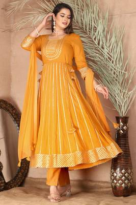 Mustard gotta patti rayon stiched party anarkali kurta set 1