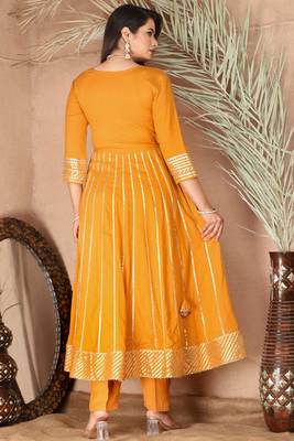 Mustard gotta patti rayon stiched party anarkali kurta set 2