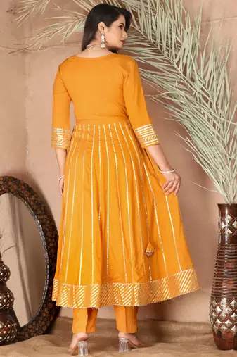 Mustard gotta patti rayon stiched party anarkali kurta set