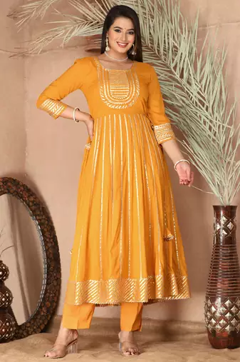 Mustard gotta patti rayon stiched party anarkali kurta set