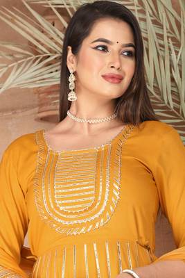 Mustard gotta patti rayon stiched party anarkali kurta set 4