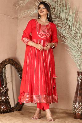 Red gotta patti rayon stiched party anarkali kurta set 1