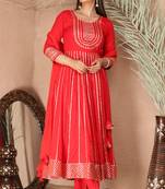 Red gotta patti rayon stiched party anarkali kurta set