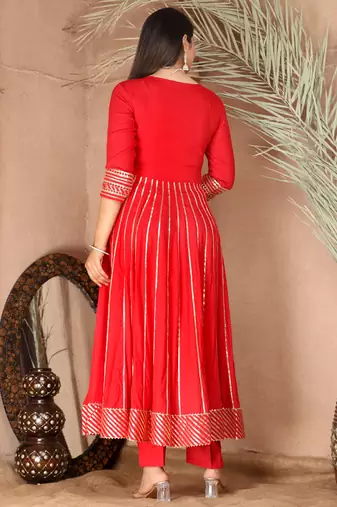 Red gotta patti rayon stiched party anarkali kurta set