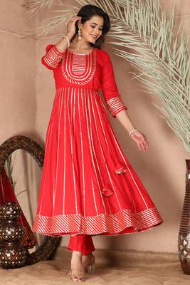 Red gotta patti rayon stiched party anarkali kurta set 3