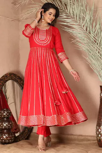 Red gotta patti rayon stiched party anarkali kurta set