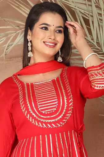 Red gotta patti rayon stiched party anarkali kurta set