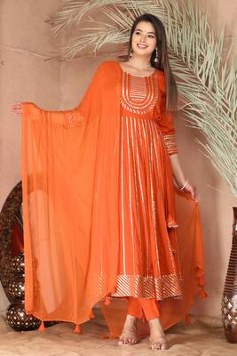 Orange gotta patti rayon stiched party anarkali kurta set 1