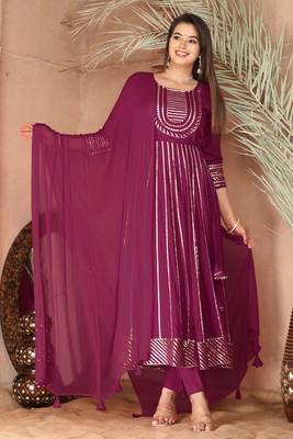 Purple gotta patti rayon stiched party anarkali kurta set 1