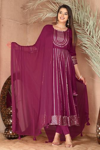 Purple gotta patti rayon stiched party anarkali kurta set