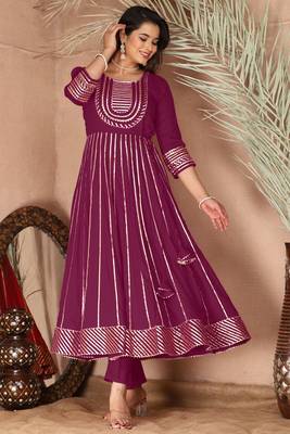 Purple gotta patti rayon stiched party anarkali kurta set 3