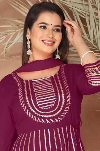 Purple gotta patti rayon stiched party anarkali kurta set