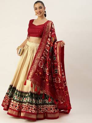 off white patola print tussar silk circular lehenga set 5