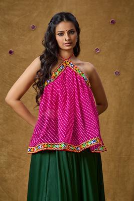 Pink Georgette Navratri Garba Leheriya Multi colour thread work Readymade Padded Blouse 1